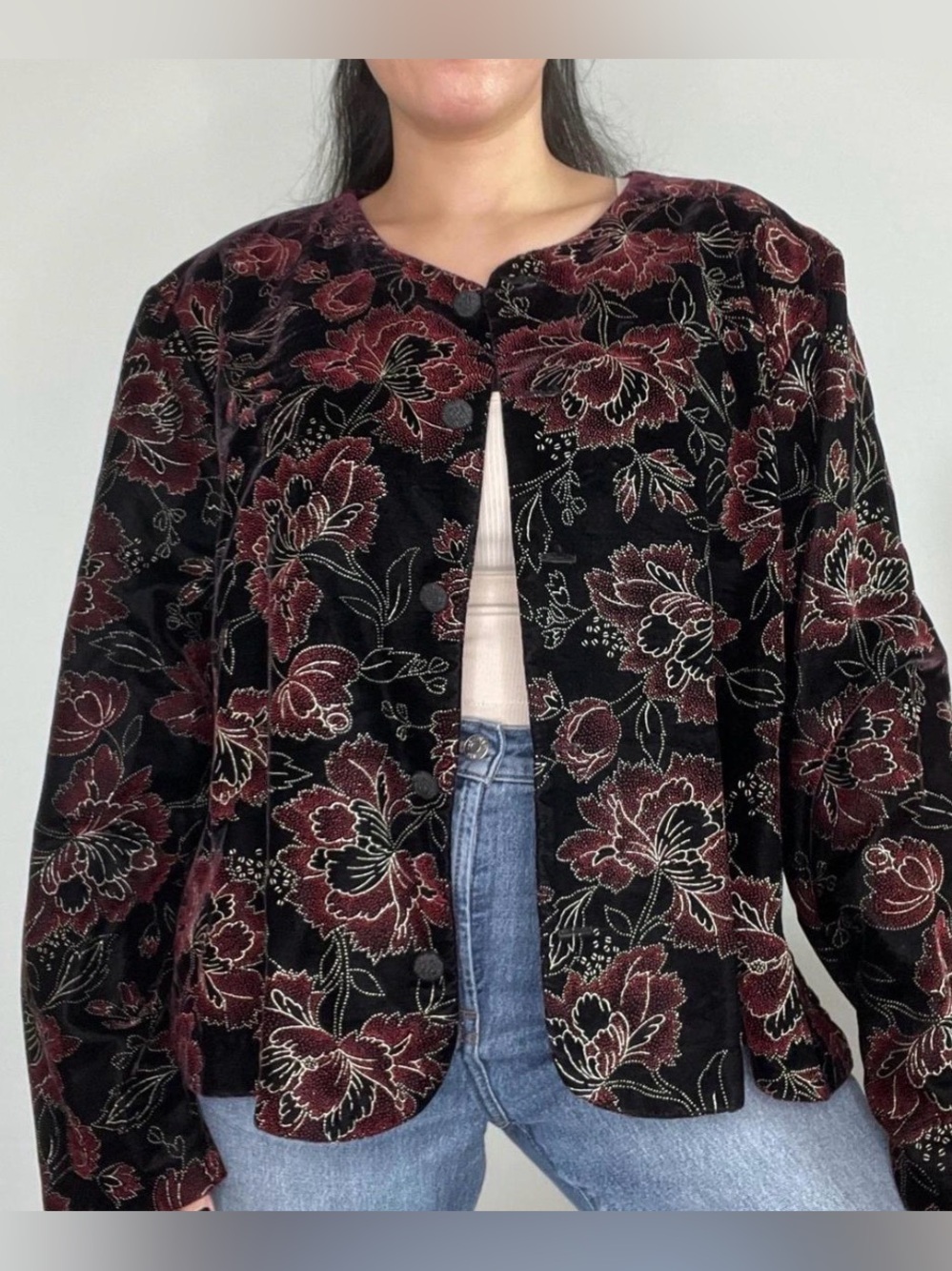 Norton McNaughton Black Velvet Floral Jacket with Burgundy Embroidery